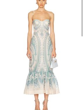Zimmermann Illuminate Gown Cream and Teal Paisley Spaghetti-Strap Midi Dress